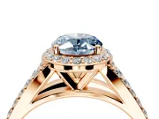 Halo Engagement Ring Setting for Fancy Blue Oval Center with Narrow Pave Split Shank and Prong Head in Rose Gold
