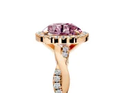 Halo Engagement Ring Setting for Fancy Pink Round Cut Center with Pave and Plain Twist Band and Prong Head in Rose Gold