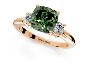 3 Stone Engagement Ring Setting for Fancy Green Cushion Cut Center with Wide Plain Band and Prong Head in Rose Gold
