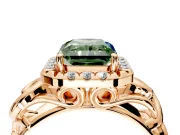 Halo Engagement Ring Setting for Fancy Green Radiant Cut Center with Open Scroll Shoulders and Prong Head in Rose Gold