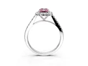 Halo Engagement Ring Setting for Fancy Pink Emerald Cut Center with Narrowing Pave Band and Prong Head in White Gold