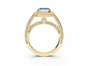 Halo Engagement Ring Setting for Fancy Blue Asscher Cut Center with Framed Halo, Pave Band and Prong Head in Yellow Gold