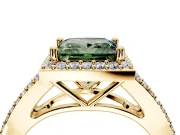 Halo Engagement Ring Setting for Fancy Green Princess Cut Center with Pave Split Shank and Prong Head in Yellow Gold