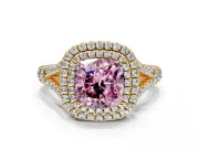 Double Halo Engagement Ring Setting for Fancy Pink Cushion Cut Center with Narrow Pave Split Shank and Prong Head in Yellow Gold