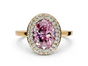 Halo Engagement Ring Setting for Fancy Pink Oval Center with Plain Tapered Band and Prong Head in Yellow Gold