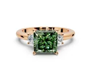 3 Stone Engagement Ring Setting for Fancy Green Princess Cut Center with Wide Plain Band and Prong Head in Rose Gold
