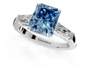 3 Stone Engagement Ring Setting for Fancy Blue Radiant Cut Center with Tapered Baguettes, Plain Band and Prong Head in Sterling Silver