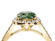 Halo Engagement Ring Setting for Fancy Green Cushion Cut Center with Raised Halo, Pave Band and Prong Head in Yellow Gold