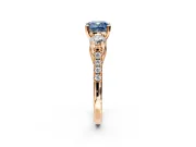 3 Stone Engagement Ring Setting for Fancy Blue Cushion Cut Center with Crossover Basket, Pave Band and Prong Head in Rose Gold