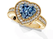 Milgrain Halo Engagement Ring Setting for Fancy Blue Heart-Shaped Center with Pave Band and Prong Head in Yellow Gold