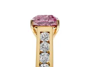 Solitaire Engagement Ring Setting for Fancy Pink Cushion Cut Center with Round Cut Channel Band and Prong Head in Yellow Gold