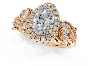 Milgrain Halo Engagement Ring Setting for Pear-Shaped Center with Shoulder Bezels and Prong Head in Rose Gold