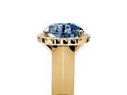 Halo Engagement Ring Setting for Fancy Blue Round Cut Center with Knife Ridge Cathedral Band and Prong Head in Yellow Gold