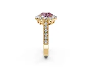 Halo Engagement Ring Setting for Fancy Pink Round Cut Center with Milgrain Channel Band and Prong Head in Yellow Gold