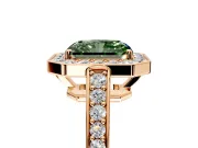 Bezel-Framed Halo Engagement Ring Setting for Fancy Green Radiant Cut Center with Pave Band and Prong Head in Rose Gold