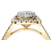 Halo Engagement Ring Setting for Princess Cut Center with Narrowing Pave Band and Prong Head in Yellow Gold