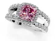 Halo Engagement Ring Setting for Fancy Pink Cushion Cut Center with Wide-Open Pave Split Shank and Prong Head in Platinum