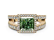 Halo Engagement Ring Setting for Fancy Green Princess Cut Center with Wide-Open Pave Split Shank and Prong Head in Yellow Gold
