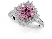 Sunburst Halo Engagement Ring Setting for Fancy Pink Round Cut Center with Pave Band and Prong Head in White Gold