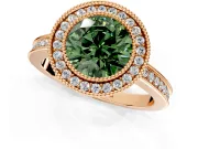 Halo Engagement Ring Setting for Fancy Green Round Cut Center with Milgrain Halo, Pave Band and Prong Head in Rose Gold