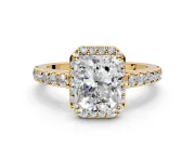 Halo Engagement Ring Setting for Radiant Cut Center with Full Pave Band and Prong Head in Yellow Gold