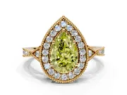 Halo Engagement Ring Setting for Fancy Yellow Pear-Shaped Center with Milgrain Rim, Pave Band and Prong Head in Yellow Gold