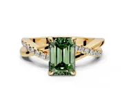 Solitaire Engagement Ring Setting for Fancy Green Emerald Cut Center with Half-Pave Crossover Band and Prong Head in Yellow Gold