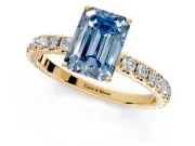 Solitaire Engagement Ring Setting for Fancy Blue Emerald Cut Center with Large Accent Band and Prong Head in Yellow Gold