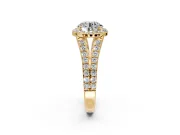 Halo Engagement Ring Setting for Round Cut Center with Narrow Pave Split Shank and Prong Head in Yellow Gold