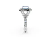 Double Halo Engagement Ring Setting for Fancy Blue Asscher Cut Center with Narrow Pave Split Shank and Prong Head in Platinum