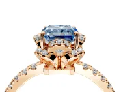 Halo Engagement Ring Setting for Fancy Blue Radiant Cut Center with Openwork Halo, Pave Band and Prong Head in Rose Gold