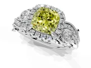 Milgrain Halo Engagement Ring Setting for Fancy Yellow Cushion Cut Center with Shoulder Bezels and Prong Head in White Gold