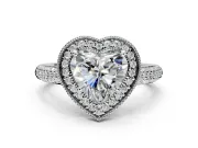 Milgrain Halo Engagement Ring Setting for Heart-Shaped Center with Three-Sided Pave Band and Prong Head in White Gold