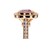 Halo Engagement Ring Setting for Fancy Pink Cushion Cut Center with Milgrain Frame, Pave Band and Prong Head in Rose Gold