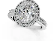 Halo Engagement Ring Setting for Oval Center with Milgrain Halo, Pave Band and Prong Head in Platinum