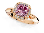 Halo Engagement Ring Setting for Fancy Pink Cushion Cut Center with Tapered Plain Band and Prong Head in Rose Gold