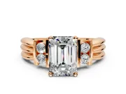 Solitaire Engagement Ring Setting for Emerald Cut Center with Grooved Bar Accent Band and Prong Head in Rose Gold