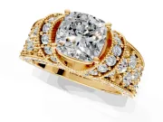Pave Engagement Ring Setting for Cushion Cut Center with Curved Accent Rows, Openwork and Prong Head in Yellow Gold