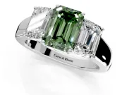 3 Stone Engagement Ring Setting for Fancy Green Emerald Cut Center with Raised Basket Heads and Prong Head in White Gold