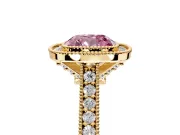 Halo Engagement Ring Setting for Fancy Pink Cushion Cut Center with Milgrain Pave Band and Bezel Head in Yellow Gold