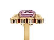 Cluster Halo Engagement Ring Setting for Fancy Pink Asscher Cut Center with Milgrain Bezel Accents and Prong Head in Yellow Gold