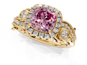 Milgrain Halo Engagement Ring Setting for Fancy Pink Cushion Cut Center with Shoulder Bezels and Prong Head in Yellow Gold