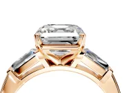 3 Stone Engagement Ring Setting for Asscher Cut Center with Tapered Baguettes, Plain Band and Prong Head in Rose Gold