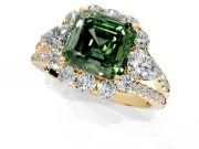Halo Engagement Ring Setting for Fancy Green Asscher Cut Center with Two-Strand Split Shank and Prong Head in Yellow Gold