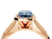 Halo Engagement Ring Setting for Fancy Blue Emerald Cut Center with Knife Ridge Cathedral Band and Prong Head in Rose Gold