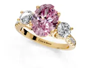 3 Stone Engagement Ring Setting for Fancy Pink Oval Center with Crossover Basket, Pave Band and Prong Head in Yellow Gold