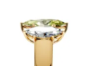 3 Stone Engagement Ring Setting for Fancy Yellow Marquise Center with Raised Basket Heads and Prong Head in Yellow Gold