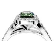 Halo Engagement Ring Setting for Fancy Green Emerald Cut Center with Narrow Pave Split Shank and Prong Head in White Gold
