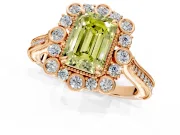 Milgrain Halo Engagement Ring Setting for Fancy Yellow Emerald Cut Center with Bezel Point Accents and Prong Head in Rose Gold