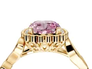 Halo Engagement Ring Setting for Fancy Pink Cushion Cut Center with Leaf Motif Split Shank and Prong Head in Yellow Gold